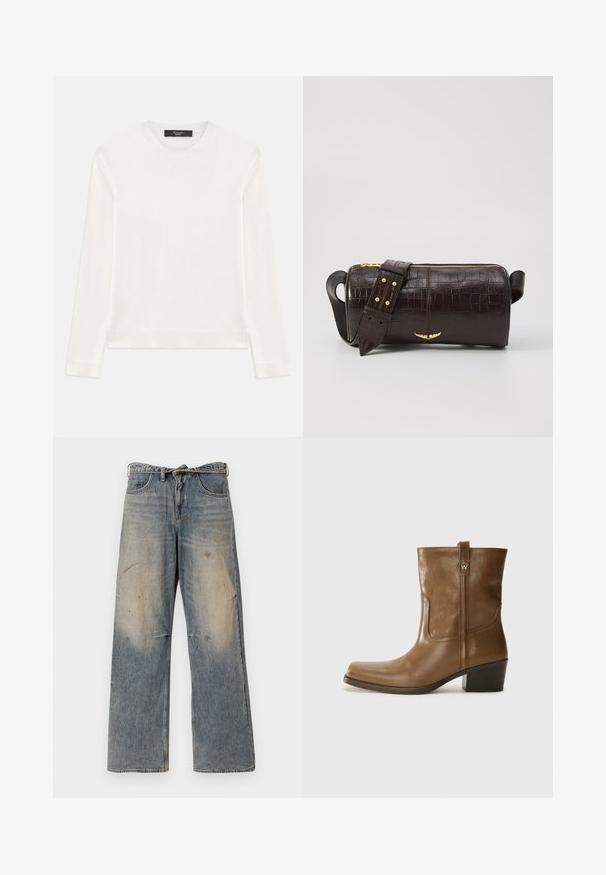Maglione bianco a maniche lunghe realizzato in morbido tessuto a maglia. Caratterizzato da un collo rotondo, polsini e orlo a costine. Design senza cuciture e senza motivi.; Jeans in denim azzurro chiaro con una vestibilità ampia e gambe dritte. Presentano effetti di usura, scolorimento e dettagli strappati vicino alle ginocchia. Stile classico a cinque tasche.; Stivale alla caviglia in pelle marrone con punta quadrata, finitura testurizzata e tacco basso incassato. Dotato di un pratico tassello posteriore e dettagli di cucitura sottili.; Borsa in pelle stampata a coccodrillo marrone con forma cilindrica, accessori in tonalità oro e una tracolla staccabile con borchie.