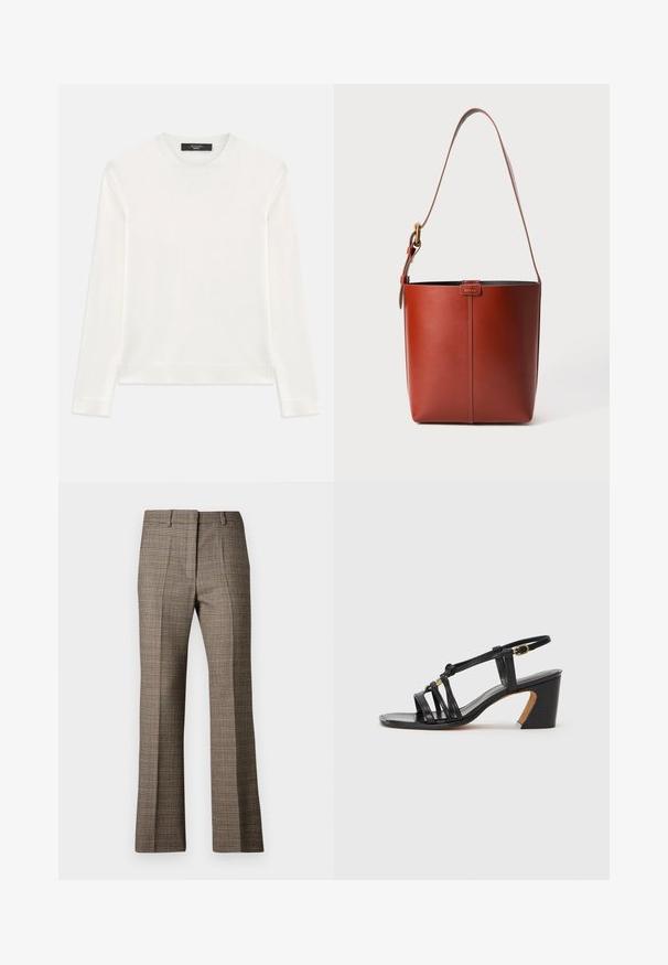 Pulover alb cu mânecă lungă, realizat dintr-un material tricotat moale. Dispune de un gât rotund, manșete și tiv cu nervuri. Design fără cusături și fără modele.; Pantaloni în carouri maro, cu un croi drept, având un material texturat și nuanțe subtile de bej și maron închis în întregul model.; Paul Smith AMIRA - Pantofi clasici cu toc - black; Geantă de mână din piele maro, cu m解除at la umăr reglabil și cataramă aurie, detaliu simplu cu cusătura verticală pe față.
