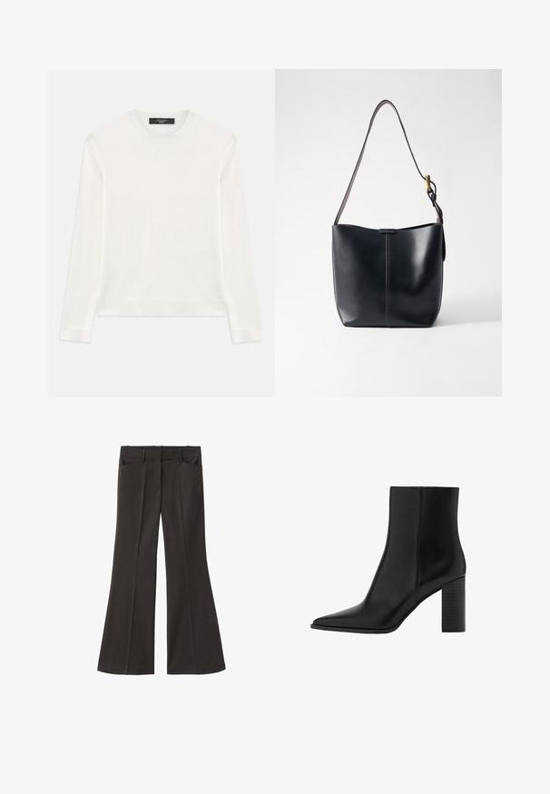 Hvid langærmet sweater lavet af blødt strikket stof. Har en rund halsudskæring, ribbede mansjetter og kant. Sømfri design uden mønstre.; Sorte flagrende bukser med høj talje; har to forlommer og en glat stofstruktur. Egnet til forskellige anledninger.; Sorte læder ankelstøvler med spidse tæer, firkantet hæl, glat tekstur og syningsdetaljer langs sømmene. Hælene måler cirka 9 cm.; Sort læder skuldertaske med en glat overflade, der har en tynd, lang rem og en subtil syet detalje ned langs midten.