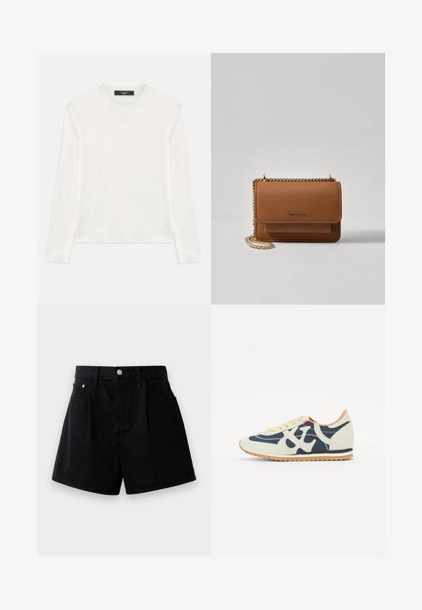 Biely sveter s dlhým rukávom, vyrobený z mäkkej pleteniny. Má okrúhly výstrih, rebrované manžety a spodný lem. Bezšvový dizajn bez vzorov.; Čierne džínsy s rovný strih, so zapínaním na gombík, dvoma prednými vreckami a mäkkou, textúrovanou tkaninou.; Tenisky s kombináciou krémovej, námorníckej a semišovej látky, dizajn so šnurovaním, diagonálne švy a gumová podrážka s trakciou.; Hnedá textúrovaná kožená taška cez telo s zlatým reťazovým popruhom a preklopným uzáverom. Predná strana obsahuje detail s logom a vrecko pod preklopkou.