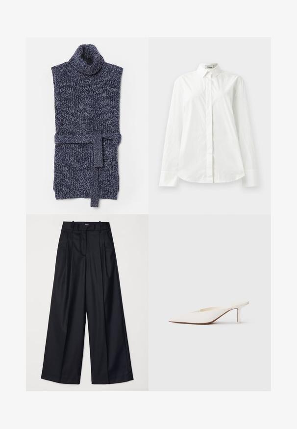 Sweter bez rękawów w ciemnoniebieskim kolorze, wykonany z grubej przędzy. Posiada wiązanie w talii oraz prążkowany wzór. Otwory na rękawy i przytulny wygląd.; Biała bawełniana koszula z długim rękawem, z wyostrzonym kołnierzykiem, zapinana na guziki z przodu i zaokrąglonym dołem. Gładka faktura, regularny krój i brak wzorów.; Czarne spodnie o szerokich nogawkach, wykonane z gładkiego materiału, z wysokim stanem, zakładkami i dopasowanym krojem. Proste czarne elementy metalowe w talii.; Białe mule z ostrym noskiem i niskim obcasem w kształcie słupka. Wykonane z gładkiego materiału o minimalistycznym designie i subtelnym brązowym detalem na podeszwie.