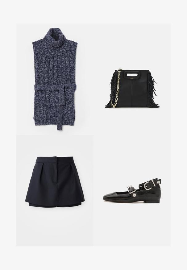 Trikotāžas augstās apkakles veste tumši zilā krāsā ar biezām tekstūrām. Ar jostu viduklī un ribu rakstu. Atvērtas piedurknes un mājīga izskata.; Sajūga bikses jūras spēku zilā krāsā ar augstu jostasvietu, izgatavotas no gludas auduma. Satur pieguļošu dizainu un slēptu priekšējo kabatu.; Melnas laika patenta ādas dzīvokļu kurpes ar kvadrātu purngalu, potītes siksna ar sudraba furnitūru un platu zoli. Gluda tekstūra ar minimālu dizainu.; Melna ādas rokassoma ar frizūras detaļām, zelta ķēdes plecu siksnu un izgrieztu rokturi. Ir logotipa novietojums priekšpusē.