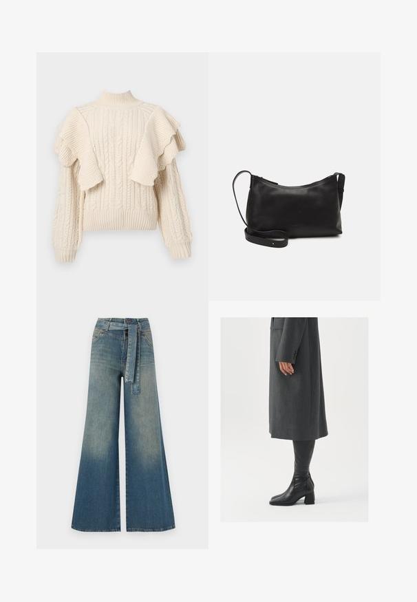 YAS YASFLOUNCY - Maglione - birch; Pantaloni in denim a gamba larga con una sfumatura che va dal blu chiaro al blu scuro, vita alta, passanti per cintura e una cintura in tessuto coordinato. Finitura in denim strutturato.; Cappotto grigio su misura con taglio dritto; abbinato a stivali in pelle nera al ginocchio con punta quadrata e tacco grosso.; Borsa a spalla in pelle nera con una texture liscia, forma curva, tracolla regolabile e chiusura con zip. Design minimalista senza ornamenti.