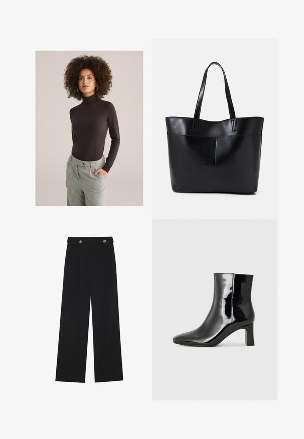 Ženska s kodrastimi lasmi, oblečena v črno turtleneck in sive hlače visoke pasu, stoji z eno roko v žepu na nevtralni podlagi.; Črne široke hlače s visokim pasom, gumbnimi detajli na pasu in sprednjimi gubami.; Črne lakirane gležnjarje z ošiljenim nosom in srednje visokim blokastim peto. Gladka tekstura in minimalističen dizajn.; Črna usnjena torba z dvema dolgima ročajema, gladko teksturo in strukturirano obliko. Ima sprednji žep za dodatno shranjevanje.