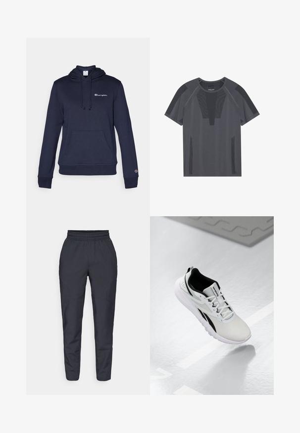 Tumesinine kapuutsiga pusa, millel on eesmine tasku, stringiga kapuuts ja diskreetne tikand. Pehme kangas koos soonikuga varruka- ja alumisse serva osas.; Hallhalli hallituse t-särk lühikeste varrukatega, millel on tekstuuriga võrgupaneelid ja ümar kaelus, loodud hingavuseks ja mugavuseks.; Tumed kergelt kitsenevad püksid, mis on valmistatud pehmest kangast. Neil on elastne vöökoht, küljetaskud ja sile tekstuur, millel on peened õmblusteenused.; Heledat hall värv sörk, mustade aktsentidega, tekstuurse võrgu pealmise osaga, pehmendatud tallaga ja nööridega kinnitusega. Omab kandmisse tõmbeauku.