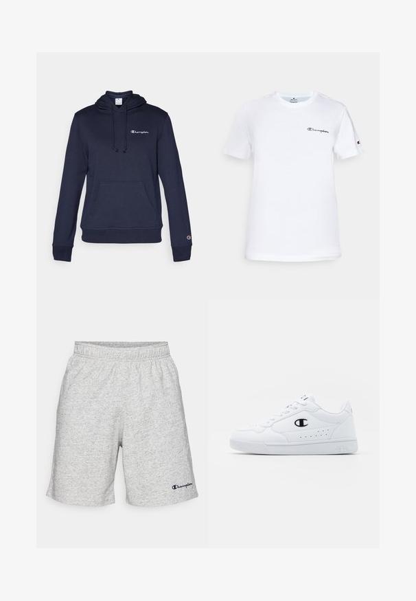 Sweatshirt azul-marinho com um bolso frontal, capuz com cordão e um logótipo bordado discreto. Tecido suave com punhos e bainha canelados.; T-shirt de algodão branco com decote redondo, mangas curtas e um logótipo "Champion" bordado a preto no peito e como detalhe na manga.; Calções de material jersey cinza com um cós elástico e um logótipo da "Champion" azul-marinho no canto inferior esquerdo.; Sapatilhas brancas de desporto com um cabedal sintético liso, detalhes em preto no logótipo e perfurações na lateral. Sola em borracha.