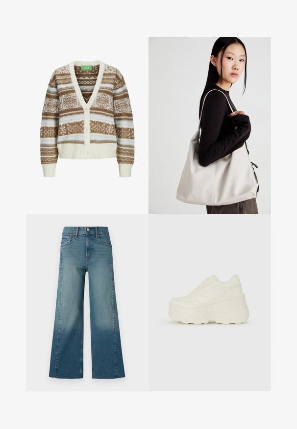 Cardigan em tons de castanho e creme com padrão, com decote em V, botões frontais e punhos canelados. Apresenta desenhos geométricos e florais em várias tonalidades.; Calças de ganga de perna larga em um azul médio, apresentando um efeito de degradação do mais escuro para o mais claro. Feitas de ganga com um design tradicional de cinco bolsos.; Tênis brancos de plataforma com um cabedal suave semelhante a couro, formato arredondado, colarinho acolchoado e sola de borracha texturizada com ranhuras bem definidas.; Uma bolsa bege feita de material macio, com um design descontraído, detalhes de costura e duas alças para o ombro. Adequada para uso diário.