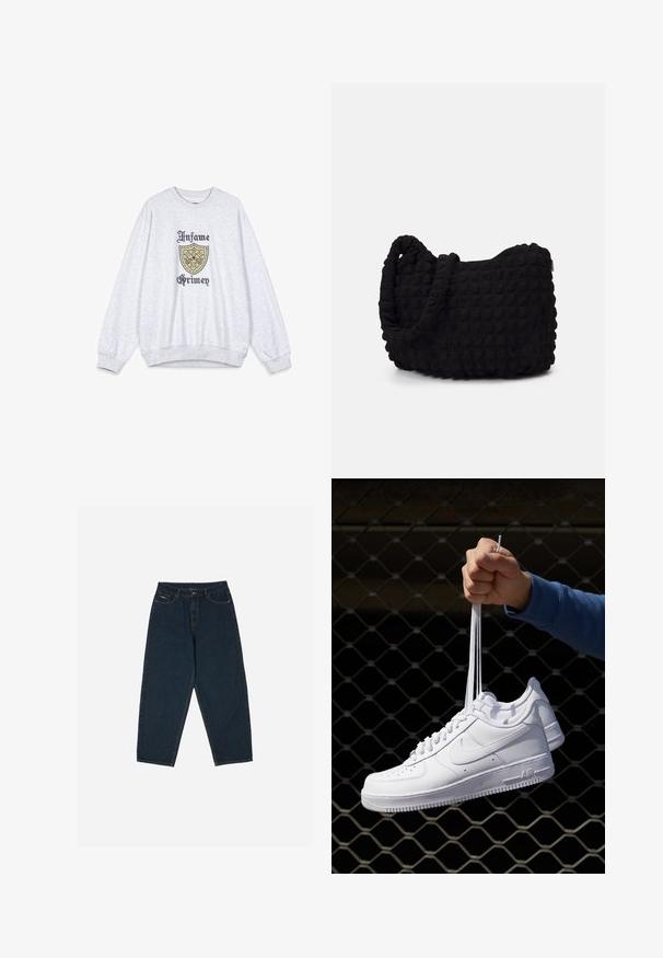 Felpa grigia con collo a giro, maniche lunghe e polsini a coste. Presenta una grafica a scudo con le parole "Infame Grimey" in nero e oro.; Jeans a vita alta blu scuro con una vestibilità rilassata, dotati di cinque tasche e chiusura con bottone. Realizzati in denim con una texture liscia.; Sneakers in pelle bianca con perforazioni, punta rotonda, suola piatta e lacci spessi, con logo swoosh visibile e "AIR" sul tallone.; Borsa in tessuto nero con un motivo trapuntato e texture. Forma arrotondata, manici corti e spessi, e una struttura morbida e flessibile.