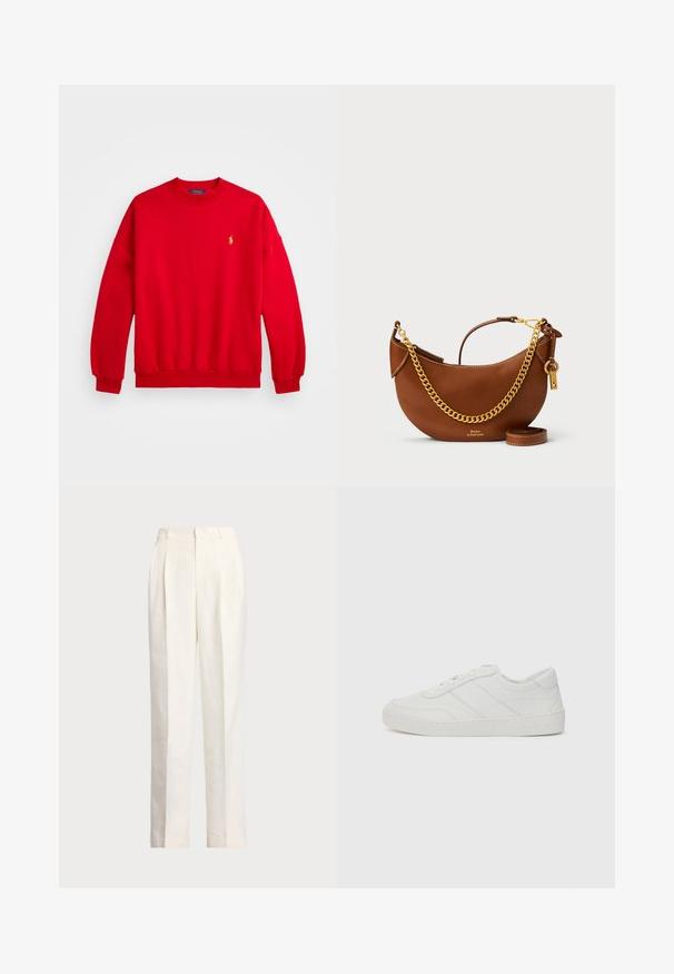 Polo Ralph Lauren LUNAR NEW YEAR FLEECE HIGH CREWNECK - Sweatshirt - red; Polo Ralph Lauren HEMP WIDE LEG PANT - Trousers - nevis; White leather sneaker with flat laces, rounded toe, and subtle stitching details. Features a textured sole and embossed brand logo on heel.; Brown leather handbag with a curved design, gold chain strap, interior pocket, and a detachable shoulder strap. Features contrasting stitching.