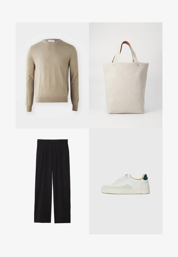 Tiger of Sweden CONNOR - Strickpullover - vintage beige; Schwarze, weite Hose mit gefälteltem Vorderteil, seitlichen Taschen und einer glatten Stoffstruktur. Entworfen für eine entspannte Passform.; Weiße Sneaker mit Wildlederelementen, runder Zehenpartie, flachen Schnürsenkeln und einer cremefarbenen Gummisohle. Mit grünen Markenlogo am Fersenbereich.; Tote-Tasche aus hellbeigem Stoff mit strukturiertem Finish, ausgestattet mit zwei kontrastierenden braunen Ledergriffen und Metallakzenten oben.