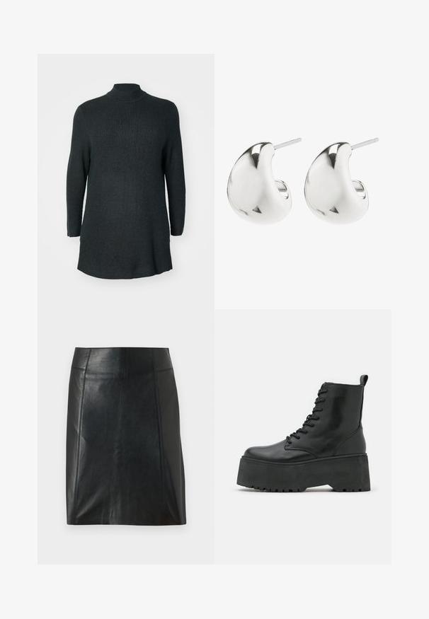 Dark green, ribbed knit long-sleeve tunic with a high neckline and a relaxed fit. Features a straight hem and side slits at the bottom.; Black leather skirt with a fitted design. Smooth texture, seams outlining shape, and a straight hem. Minimalistic and sleek appearance.; Black ankle boots with a chunky platform sole, made of smooth leather, featuring a lace-up design and a pull tab at the back.; Silver stud earrings with a smooth, curved design. They feature a polished finish and a post backing for secure wear.