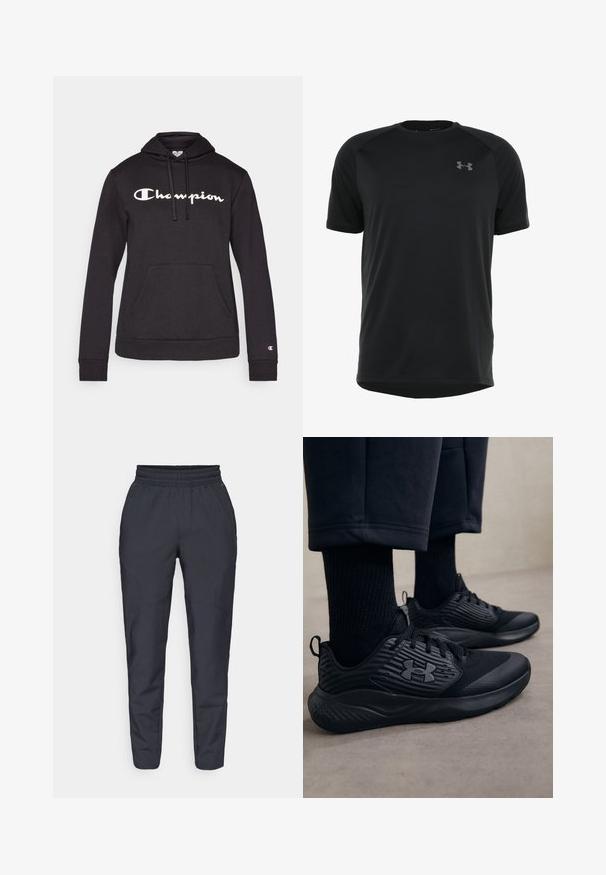 Mustapaitainen huppari, joka on valmistettu pehmeästä kankaasta. Etupuolella on suuri valkoinen "Champion"-logo, kangaroo-tasku ja resorit. ; Musta lyhythihainen urheilu paita, joka on valmistettu sileästä ja kevyestä kankaasta. Paitassa on pyöreä kaula-aukko ja huomaamaton logo rinnassa.; Navy tapered pants yang terbuat dari kain lembut, dilengkapi dengan pinggang elastis, kantong samping, dan tekstur halus dengan detail jahitan yang halus.; Henkilö, joka käyttää mustia urheilukenkiä, joissa on teksturoitu sivu ja logo, yhdistettynä mustiin sukkiin ja lyhyisiin housuihin vaalealla lattialla.