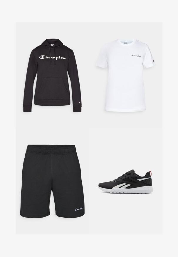 Sort hoodie lavet af blødt stof, med et stort hvidt "Champion" logo på forsiden, kængurulomme og ribbede manchetter.; Hvid bomulds t-shirt med rund hals, korte ærmer og et sort broderet "Champion" logo på brystet og ærmeaccent.; Sorte atletiske shorts med elastisk linning, lavet af blødt stof, med et lille hvidt logo i nederste venstre hjørne.; Sorte atletiske sko med en mesh-overdel, hvide detaljer, tekstureret sål og en rød hælflap for ekstra detaljer.
