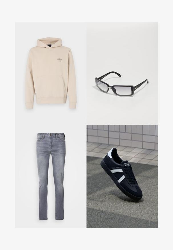 Beige huppari, joka on valmistettu pehmeästä materiaalista, sisältää etutaskun, kiristettävän hupun ja pienen graafisen logon vasemmassa rinnassa.; Vaaleanharmaat farkut, joissa on suora leikkaus. Farkuissa on viisi taskua, messinkinen nappikiinnitys ja hienovarainen kulutusjälki jaloissa.; Mustat nahkakengät valkoisilla raidoilla, teksturoitu kumipohja ja nauha edessä. Varustettu merkkitarralla kielen päällä.; Mustat suorakulmaiset aurinkolasit, joissa on gradienttilinssi, paksu kehys ja metalliset yksityiskohdat varsissa. Sileä pinta koko ajan.