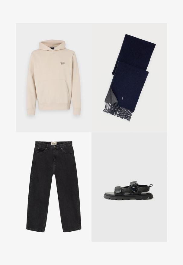 Beige hættetrøje lavet af blødt materiale, har en frontlomme, snøre i hætten og et lille grafisk logo på venstre brystområde.; Sorte denim jeans med afslappet pasform. Har fem lommer, en frontknaplukning og syninger. Let falmet tekstur.; Sorte sandaler med en tekstureret stofoverdel, brede remme, metalspænde og en tyk gummisål med et mønster.; Mørkeblå uldhalstørklæde med grå bagside, frynser i enderne og lille broderet logo nær den ene kant.
