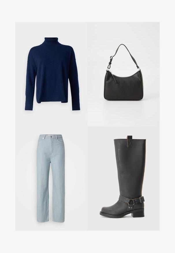 pure cashmere TURTLENECK LOOSE FIT TUNIC - Stickad tröja - navy; Ljusblå raka jeans i denim. Har fem fickor, en metallspänne och subtila slitageeffekter för textur.; Svart läderknähöga stövlar med en texturerad finish, som har en sidobuckla och en låg klack. Detaljerad sömnad längs sömmarna.; Svart läderhandväska med en böjd form, en enda rem, dragkedjestängning och subtil märkning på framsidan. Slät yta, minimalistisk design.