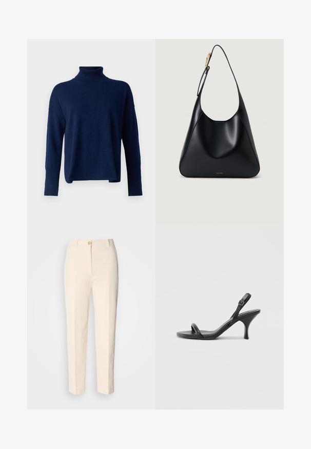 pure cashmere - Sweter; Kremowe, wysokie spodnie wykonane z teksturowanej tkaniny. Posiadają zapięcie na guzik z przodu oraz zwężające się nogawki.; Czarne skórzane sandały na wysokim obcasie z cienkim, zakrzywionym obcasem i skrzyżowanym wzorem pasków. Regulowany pasek na kostkę. Gładka faktura.; Czarna skórzana torebka na ramię o gładkiej teksturze, zaokrąglonym kształcie i złotych akcentach. Posiada wytłoczone logo marki na dole.