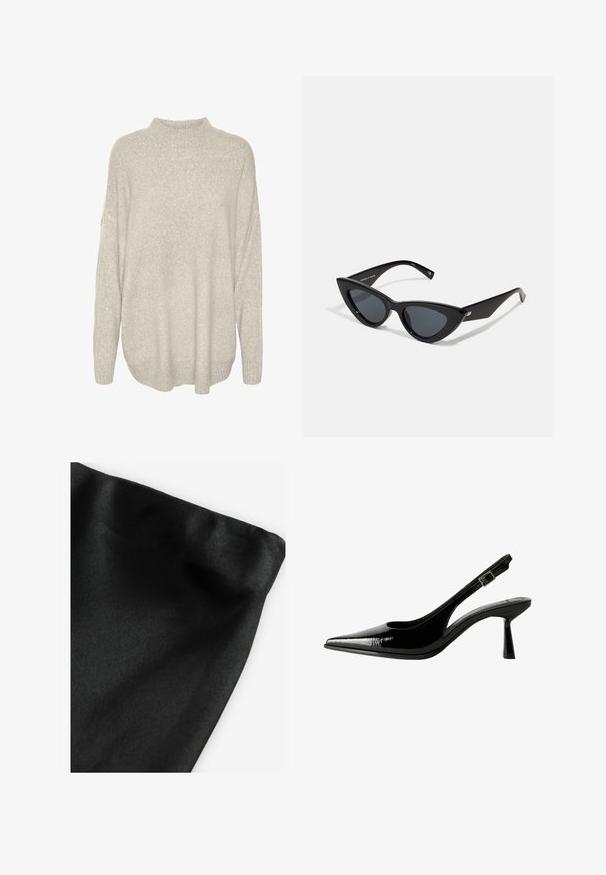 Světlá šedá, hrubě pletená svetr s vysokým výstřihem, spadlými rameny a žebrovaným lemem. Texturovaná tkanina s měkkým a teplým vzhledem.; Černá tkanina s hladkým povrchem, s přehnutým okrajem. Materiál vykazuje mírný lesk a jednotnou strukturu bez vzorů nebo akcentů.; Černé lakované kožené lodičky na podpatku s špičatou špičkou, výřezy na stranách, nastavitelným páskem kolem kotníku a tenkým, elegantním podpatkem.; Brýle ve tvaru kočičích očí s lesklým černým plastovým rámem, tmavými skly a zlatými akcenty na spáncích. Úhlový design s hladkými liniemi.
