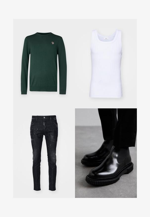 PS Paul Smith CREW NECK - Maglione - dark green; Canottiera bianca in cotone senza maniche con scollatura rotonda, caratterizzata da una texture liscia e una vestibilità aderente, progettata per l'abbigliamento casual.; Jeans in denim nero con vestibilità slim, texture usurata, accenti di schizzi di vernice e grafiche audaci stampate sul davanti.; Stivaletti Chelsea in pelle nera con una finitura liscia, pannelli laterali elastici e una suola in gomma spessa e testurizzata con un motivo antiscivolo robusto.