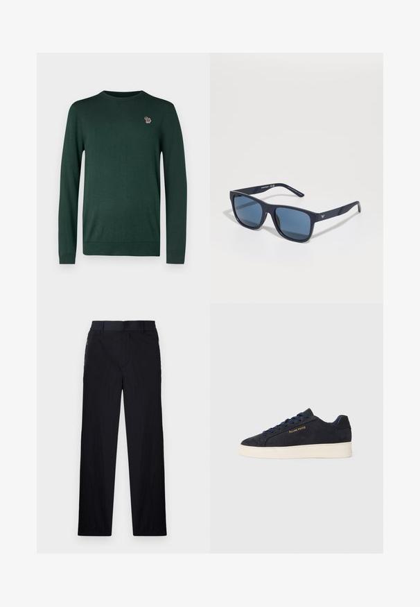 PS Paul Smith CREW NECK - Stickad tröja - dark green; Svarta byxor med lätt, texturerad tyg, rak benmodell, elastisk midja och sidofickor med dragkedja.; Mörkblå mocka låga sneakers med vit sula, mörkblå snören och "Filling Pieces"-logotyp i guld på sidan.; Blå rektangulära solglasögon med mörka linser, matt marinblå ram, logotypdetalj på skalmen, raka armar och en fast, slät yta.