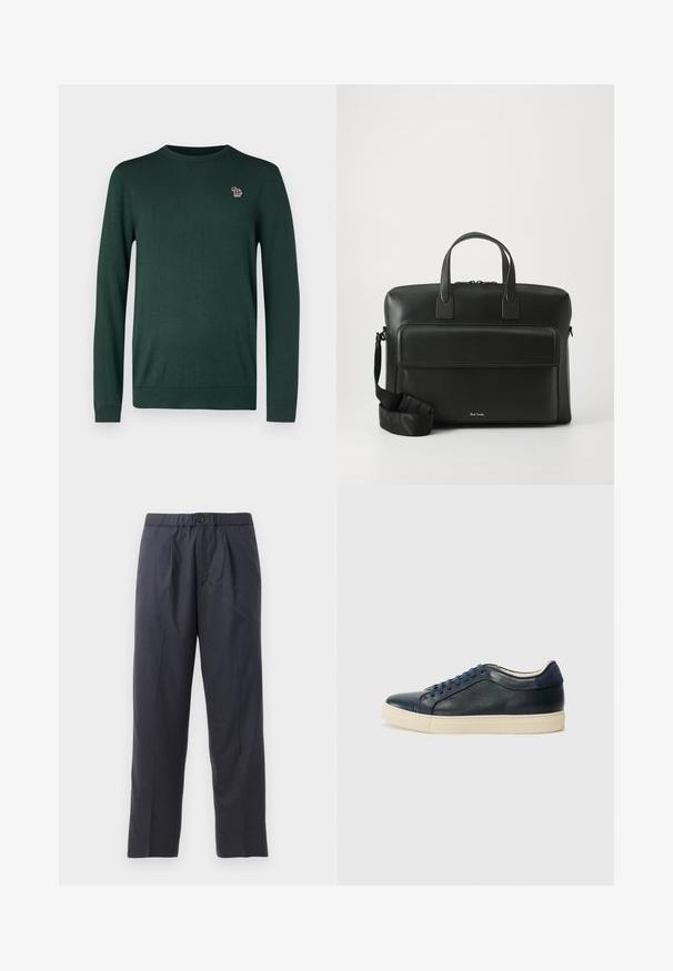PS Paul Smith CREW NECK - Pulover - dark green; Pantaloni în nuanțe închise de bleumarin, realizați dintr-un material moale, cu un design plisat în față și talie elastică. Prezintă un închizător cu nasture și o croială dreaptă.; Sneaker din piele de culoare albastră închisă, cu talpă din cauciuc crem, având șireturi albastre și o textură netedă. Vârful rotund și design minimalist.; Geantă de piele neagră pentru birou, cu două mânere superioare, un buzunar frontal și o curea detașabilă, având o branding subtil în partea de jos.