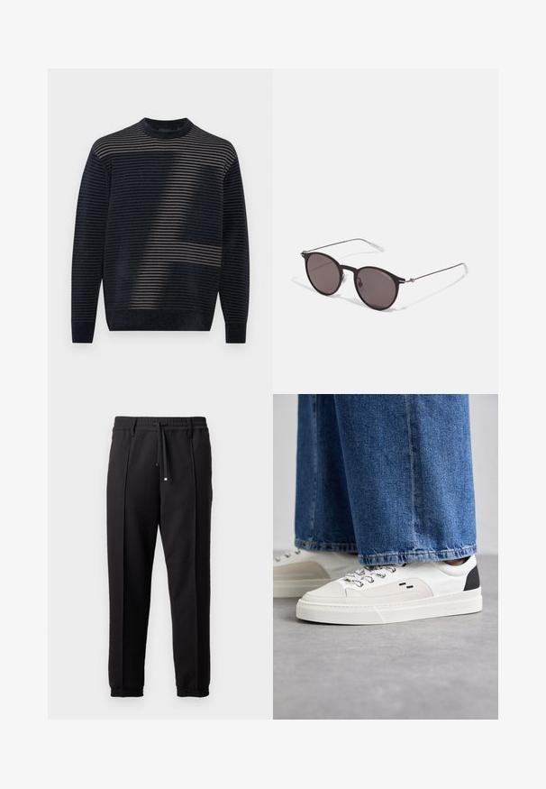 Pullover a righe navy, con linee orizzontali tonali, scollatura rotonda e polsini e orlo a costine. Texture morbida e vestibilità classica.; Pantaloni neri con cintura, cordoncino e polsini elasticizzati. Presentano pieghe e un tessuto liscio e strutturato.; Sneaker bianche e nere con parte superiore in pelle liscia, dettagli testurizzati e suola bianca spessa. Presentano un classico design con lacci.; Occhiali da sole neri rotondi con lenti scure e sottili bracci in metallo. Include punte trasparenti e accenti argentati alla cerniera. Design minimalista.