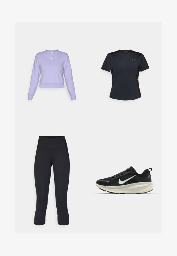 Felpa corta viola realizzata in un tessuto morbido, con colletto rotondo, polsini a coste e un piccolo logo Nike bianco sul petto.; Maglietta sportiva nera a maniche corte realizzata in tessuto leggero e traspirante. Ha un colletto rotondo e un piccolo logo Nike bianco sul petto.; Leggings cropped neri realizzati in tessuto elasticizzato, con vita alta e texture liscia, senza motivi o componenti visibili.; Scarpa da corsa nera Nike con tomaia in rete traspirante, logo Swoosh bianco, dettagli testurizzati e intersuola ZoomX di colore crema.
