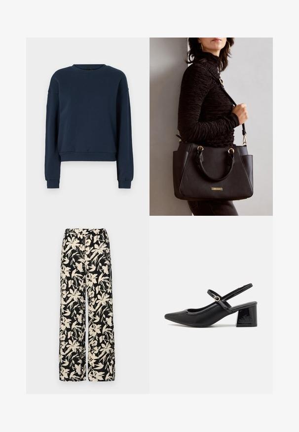 Sweatshirt azul-marinho feito de tecido macio, com decote redondo, mangas longas e punhos e bainha canelados. Design simples sem adornos.; Top preto de mangas curtas, feito de material suave, com design peplum e uma cintura cinto com dois botões redondos em tom prateado.; Calças largas pretas com um padrão floral creme. Feitas de um tecido leve, apresentando uma textura suave e uma cintura alta.; Sabrinas de cerâmica preta com salto bloco, bico apontado e um design com recortes arredondados. Apresenta um detalhe em fivela de tom dourado.; Bolsa preta com superfície texturizada, alças superiores duplas e alça de ombro ajustável. Apresenta ferragens em tom dourado e bolsos laterais.