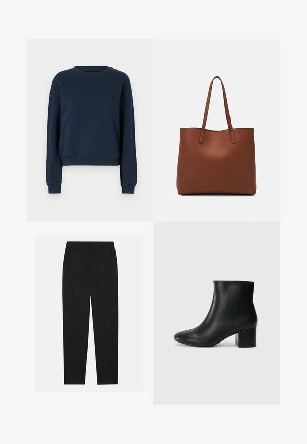 Sweatshirt azul-marinho feito de tecido macio, com decote redondo, mangas longas e punhos e bainha canelados. Design simples sem adornos.; Calças pretas com um design ajustado, apresentando bolsos laterais e pernas retas. Feitas de um tecido suave e leve com um acabamento elegante.; Botas de tornozelo em pele preta com bico pontiagudo e um salto robusto. Textura suave com acentos mínimos e um design ajustado e elegante.; Bolsa tote de couro castanho com uma textura suave, design de abertura superior e duas alças para o ombro. Apresenta costura mínima e sem hardware visível.