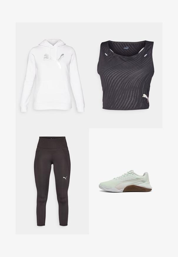 Fehér kapucnis pulóver kenguruzsebből, bordás mandzsettákkal és nagy ezüst Puma logóval a mellkason. Puha, texturált anyag.; Fekete ujjatlan sporttop, textúrált hullámmintával, kis lyukakkal a légáteresztés érdekében, és kontrasztos logóval az alján.; Fekete sportos leggings, rugalmas anyagból, magas derékkal, oldalsó zsebekkel és fehér logóval a bal lábon.; Világoszöld sportcipő textúrált felsőrésszel, fehér kiegészítőkkel és barna gumitalppal. Lélegző hálós anyaggal és megerősített orral rendelkezik.