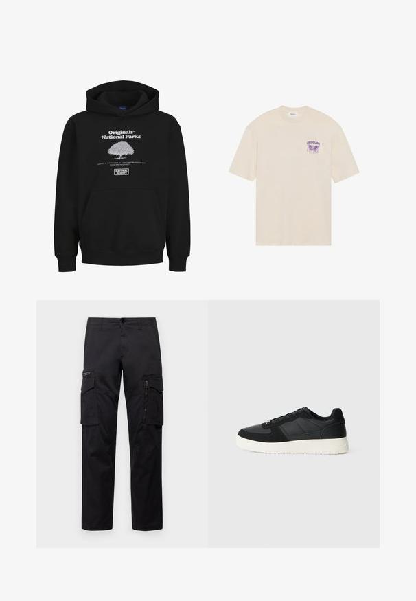 Schwarzer Hoodie mit Kängurutasche, mit einem weißen grafischen Logo eines Baumes und dem Text: "Originals National Parks" und "Nationalpark."; Beige Baumwoll-T-Shirt mit einem lila Schmetterlingsmotiv und dem Wort "OBSCURE" auf der linken Brustseite, kurzen Ärmeln und einem runden Ausschnitt.; Schwarze Cargo-Hosen mit mehreren Taschen, einer Reißverschlusstasche am Oberschenkel, geradem Schnitt und strapazierfähigem Baumwollstoff mit leichtem Glanz.; Schwarzer Low-Top-Sneaker mit strukturiertem Leder und Wildlederpaneelen, weißer Gummisohle und schwarzen Schnürsenkeln auf einem schlichten hellen Hintergrund.