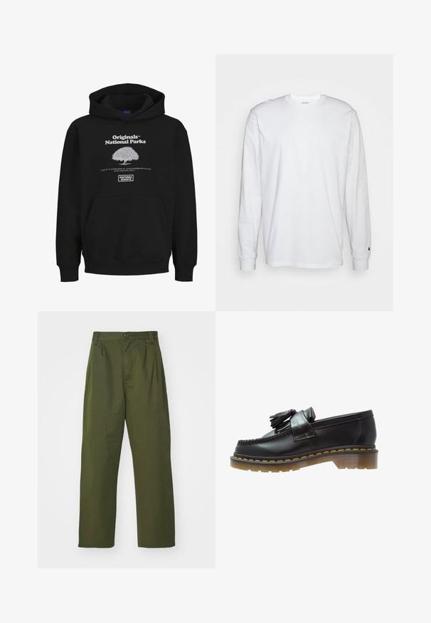 Melna kapuce ar kengura kabatu, ietverot balto grafisko logotipu ar koku un tekstu: "Originals National Parks" un "Natural Reserve."; Balta garām piedurknēm T-kreklā, kas izgatavots no kokvilnas. Arapa kakla dizains ar ribotām aprocēm un mazu logotipu uz kreisās piedurknes. Gluda tekstūra.; Olīvzaļas augstas vidukļa bikses ar taisnu kāju dizainu. Izgatavotas no viegla auduma, ar priekšu krokām un pogu aizdari.; Melni ādas loafers ar teksturētu apdari, ar dekoratīvu pušķi un kontrastējošām dzeltenām šuvēm, uz masīvas caurspīdīgas zoles.