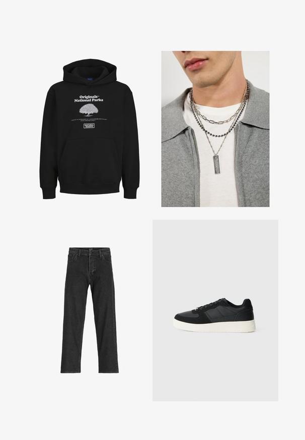 Sudadera negra con bolsillo tipo canguro, que presenta un logotipo gráfico blanco de un árbol y el texto: "Originals National Parks" y "Natural Reserve."; Jeans de mezclilla negra con un diseño de pierna recta, que cuentan con una bragueta con cremallera, pasadores para cinturón y seis bolsillos, fabricados en una resistente mezcla de algodón.; Zapatilla negra de corte bajo con paneles de cuero texturizado y gamuza, suela de goma blanca y cordones negros sobre un fondo claro y liso.; Collares en capas en plata y negro con cuentas, una cadena de metal y un colgante. Llevado sobre una camisa blanca y una chaqueta gris.