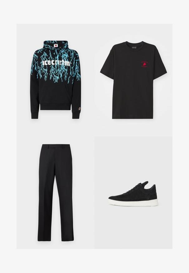 Black hoodie with blue lightning graphics, "icecream" logo in white, kangaroo pocket, and ribbed cuffs. Features subtle ice cream cone logo on sleeve.; Black cotton t-shirt with a round neck and short sleeves; features red embroidered "Emporio Armani" logo and heart on the chest area.; Black, straight-leg trousers made of smooth fabric. Features a standard waistband and no visible patterns or accents.; Black suede sneaker with a white rubber sole, featuring tonal stitching and lace-up design. Smooth texture with a modern, streamlined shape.
