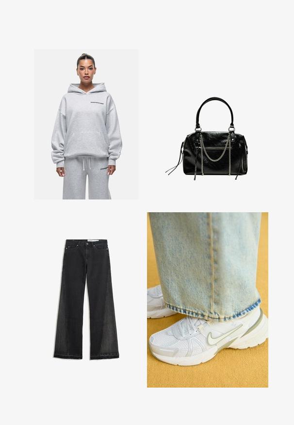 Good For Nothing Hoodie - grey; Wijdvallende spijkerbroek in zwart denim met een rafelrand. Bevat contrasterende zijpanelen en een standaard vijf-pocket ontwerp. Knopen- en ritssluitingen.; Witte sport sneakers met een bovenkant van netstof, groene accenten, een gestructureerde zool, gecombineerd met lichtblauwe spijkerbroek met een uitgerafelde zoom.; Bershka WITH CHAIN - Handtas - black