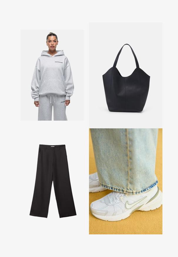 Good For Nothing - Bluza z kapturem; Czarne spodnie z szerokimi nogawkami, wykonane z gładkiego materiału, z przednim zamkiem błyskawicznym i dwoma bocznymi kieszeniami, o dopasowanym kroju i minimalistycznym wzornictwie.; Białe sportowe sneakersy z siateczkowej górnej części, zielonymi akcentami, teksturowaną podeszwą, połączone z jasnoniebieskimi dżinsami z postrzępionym dołem.; Czarna torba na ramię wykonana z gładkiej skóry, z zaokrąglonym, otwartym topem i dwoma paskami na ramię oraz minimalistycznym designem.