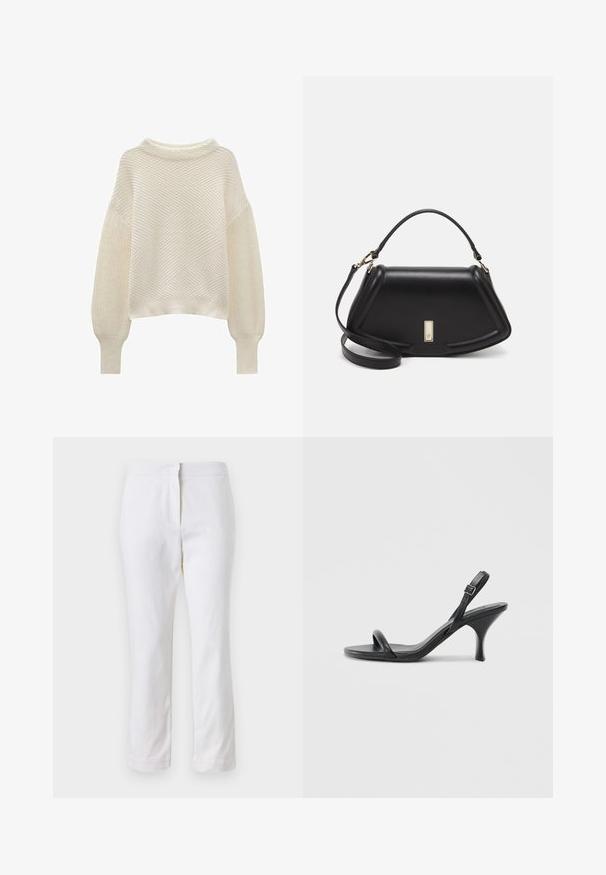 Maglione lavorato a maglia color avorio, caratterizzato da un motivo diamantato testurizzato, spalle cadute e polsini a coste. Materiale morbido, design corto.; Pantaloni bianchi in cotone con design a gamba dritta, caratterizzati da una vita a media altezza e senza hardware o motivi visibili. Tessuto liscio su tutta la superficie.; Sandali con tacco alto in pelle nera, con tacco sottile e curvo e design a fascia incrociata. Cinghia alla caviglia regolabile. Texture liscia.; Borsa a mano in pelle nera con un design strutturato, caratterizzata da una forma corta, manico superiore e accessori in metallo dorato. Inclusa tracolla regolabile.