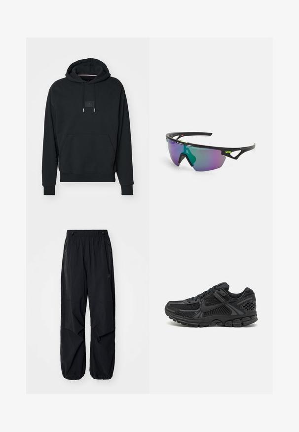 Fekete kapucnis pulóver elülső kenguru zsebbel, állítható felnikkel és kis logóval a mellkason. Puha, textúrált anyagból készült.; Fekete, könnyű munkásnadrág elasztikus derékrésszel, oldalsó cipzárokkal és tágas zsebekkel. Lazán illeszkedik, és szűkülő bokákkal rendelkezik.; Fekete sportcipő, hálós felsőrésszel, gumitalppal és texturált részletekkel. A dizájn kiemelkedő fűzőrendszert és párnázott talpat tartalmaz.; Fekete keretes sport napszemüveg, nagy, lila és zöld árnyalatú, gradiens lencsével, szögletes formatervezési kiemelésekkel és logó részletekkel.