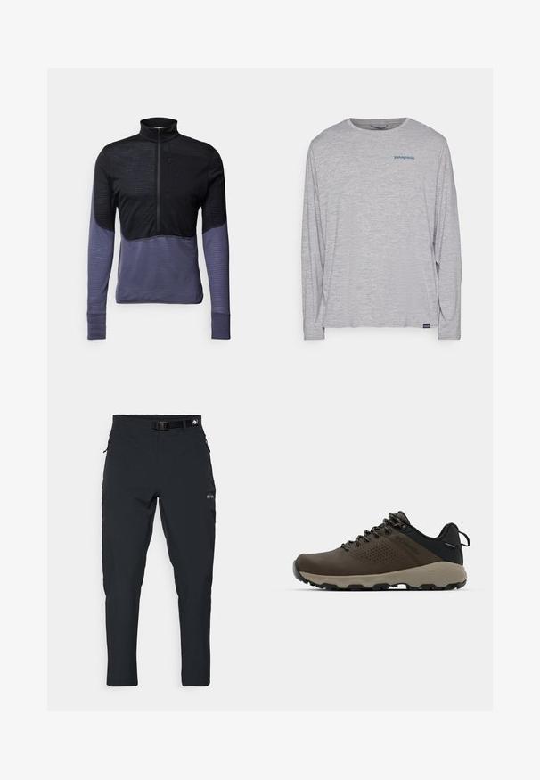 Langarm-Pullover in Schwarz und Dunkellila, mit einem Reißverschlusskragen, strukturierter Oberkörperpartie und glatten unteren Ärmeln.; Hellgraues Langarm-T-Shirt aus weichem, strukturiertem Stoff. Verfügt über einen Rundhalsausschnitt und ein kleines blaues Patagonia-Logo auf der Brust.; Columbia ESSENTIAL HIKE™ PANT - Outdoor-Hose - black; Braune wasserdichte Sneakers mit einer strukturierten Oberseite, perforierten Akzenten, schwarzem Fersenschutz und einer grauen Gummisohle. Die Schnürsenkel sind mit metallischen Enden gestaltet.