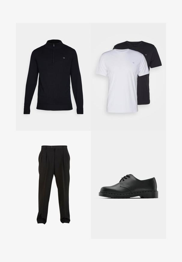 Pulover negru tricotat cu guler înalt și fermoar pe un sfert, având manșete și tiv ribbate; un mic logo alb pe pieptul stâng.; Două tricouri din bumbac, unul alb și unul negru, cu mâneci scurte și guler rotund, având un mic logo pe piept și o textură netedă.; Pantaloni negri dintr-un material neted, cu pliuri frontale, talie cu nasture și mansete tapered la glezne. Siluetă clasică, Croi elegant.; Shoe oxford din piele neagră, cu sistem de închidere cu șireturi, vârf rotunjit, talpă plată din cauciuc și detalii de cusătură subtile pe partea superioară.