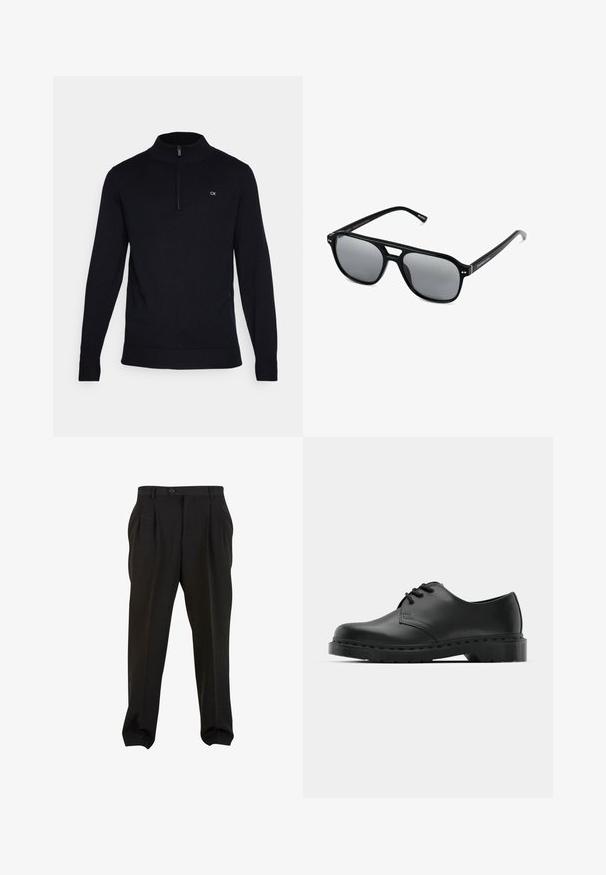 Mustavilla neulepaita, jossa on korkea kaulus ja neljännesvetoketju, ribbaatatut hihansuut ja helma; pieni valkoinen logo vasemmassa rinnassa.; Mustat housut sileällä kankaalla, etupuolelta laskostetut, napilla varustettu vyötärö ja kapenevat nilkkaleikat. Klassinen hyvin istuva siluetti.; Musta nahkainen oxford-kengät, joissa on nauhakiinnitys, pyöreä kärki, litteä kumipohja ja hillitty ompelutaito yläosassa.; Mustat aurinkolasit suorakulmaisilla kehyksillä, harmaasävyisillä linsseillä ja siltaleikkauksella. Tyylikäs, kiiltävä muovimateriaali, kapeilla temppeleillä.