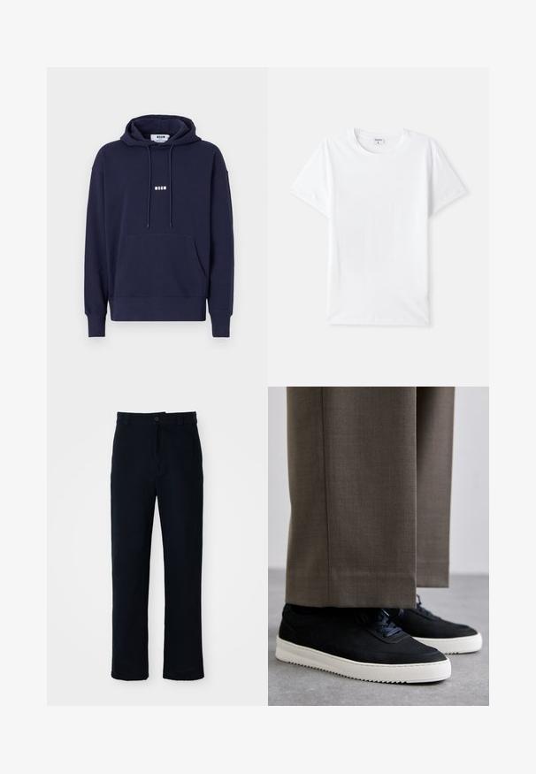 Navy blue hoodie with a front pocket, drawstring hood, and white "MSGM" logo on the chest. Soft material with ribbed cuffs and hem.; White cotton t-shirt, crew neckline, short sleeves, smooth texture, no patterns or accents, simple design, standard fit.; Navy blue trousers made of cotton, featuring a straight-leg design, a front button closure, and classic waistband with belt loops.; Black suede sneakers with white rubber soles, featuring a rounded toe and laces, worn with gray tailored pants.