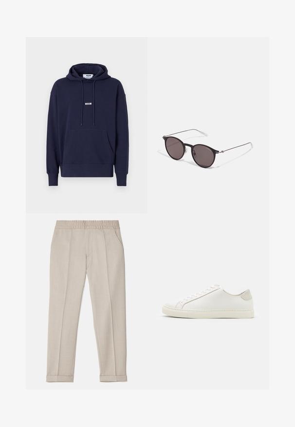 Felpa blu navy con tasca frontale, cappuccio regolabile con coulisse e logo bianco "MSGM" sul petto. Materiale morbido con polsini e orlo a coste.; Filippa K TERRY CROPPED TROUSERS - Pantaloni - sage melange; Sneaker bianca in pelle con superficie liscia, punta rotonda e design minimalista. Presenta dettagli beige sul tallone e una suola in gomma.; Occhiali da sole neri rotondi con lenti scure e sottili bracci in metallo. Include punte trasparenti e accenti argentati alla cerniera. Design minimalista.