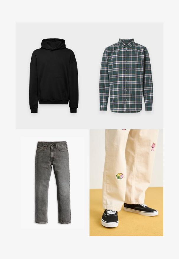 Zwarte hoodie van een katoenmix, met een grote voorkant zak, ribgebreide manchetten en een capuchon met een trekkoord. Eenvoudig, onopgesmukt ontwerp.; Groene flanellen shirt met een ruitpatroon met blauwe, witte en mosterdgele lijnen. Met knopen aan de voorkant en een puntige kraag. Lange mouwen.; Grijze spijkerbroek met een rechte pijp, vijf zakken en messing hardware voor sluiting en accenten. Te zien is een versleten textuur.; Beige katoenen broek met speelse geborduurde ontwerpen, waaronder een roze figuur en een gekleurd blok, gecombineerd met zwarte veterschoenen.