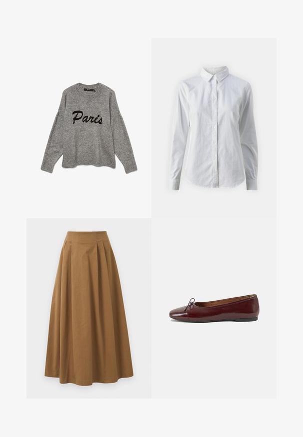 Šedý pletený svetr s kulatým výstřihem a žebrovaným lemem, s nápisem "Paris" vyšitým černým kurzívním písmem přes přední část.; Bílá košile na knoflíky vyrobená z hladké bavlny, s klasickým límcem, dlouhými rukávy a zakřiveným spodním lemem. Knoflíky jsou malé a bílé.; Hnědá bavlněná sukně ve stylu A s vysokým pasem, se sklady na přední straně a hladkou texturou. Lemování je čisté a jednoduché.; Burgundské lakové baleríny s kulatou špičkou, malou mašlí vpředu a nízkou černou gumovou podrážkou. Hladký povrch.