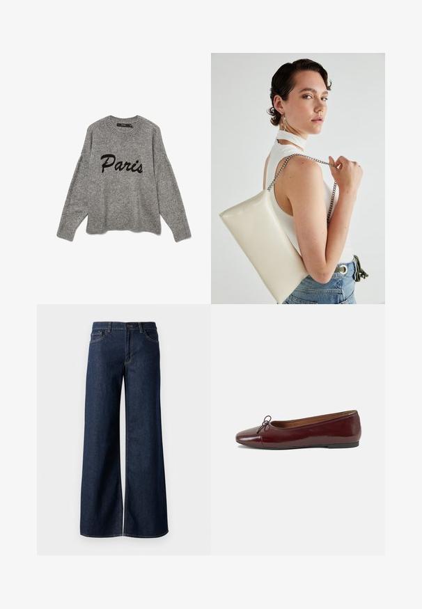 Harmaa neulepaita, jossa pyöreä pääntie ja resorireunus, etupuolella mustalla kursiivilla kirjailtu "Paris".; Suorat lahkeet farkut tummansinisestä denimmistä. Ominaisuuksiin kuuluvat kontrastiväriset ompeleet, viisi taskua ja nappisuljenta vyötäröllä. Sileä pinta.; Burgundin värinen lakattu nahkainen ballerinatossu pyöreällä varvaskärjellä, pienen nauhan yksityiskohdalla edessä ja matalalla mustalla kumipohjalla. Sujuva pinta.; Valkoinen suorakulmainen clutch-laukku, joka on valmistettu kiiltävästä materiaalista ja jossa on hopeinen ketjuolkahihna. Malli poseeraa laukku käsivarsillaan yksinkertaista taustaa vasten.