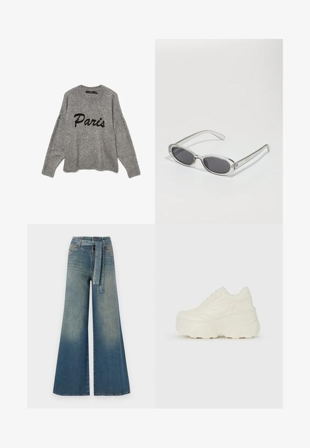 Grijze gebreide trui met een ronde halslijn en een geribbelde zoom, met "Paris" in zwarte cursieve letters geborduurd over de voorkant.; Wijduitlopende denim broek met een lichte naar donkere blauwe gradient, hoge taille, riemlussen en een bijpassende stoffen riem. Gestructureerde denimafwerking.; Witte platform sneakers met een gladde leren bovenkant, afgeronde vorm, gewatteerde kraag en een gestructureerde rubberen zool met duidelijke profiel.; Zonnebril met een ovale vorm, helder plastic montuur, donkergrijze glazen en dunne transparante pootjes met logo-accenten en minimale details.
