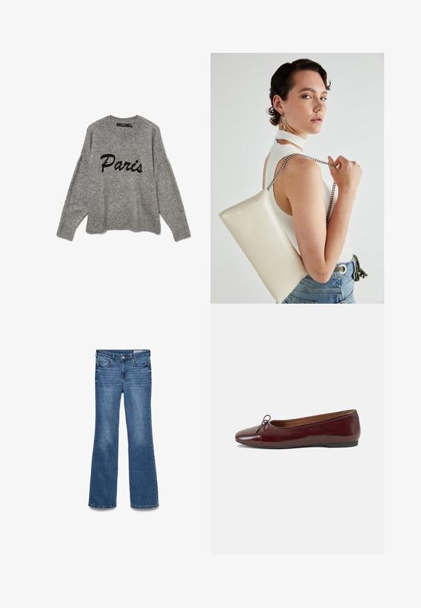 Camisola cinzenta de malha com decote redondo e bainha canelada, com "Paris" bordado a preto em letras cursivas na parte da frente.; Jeans em denim azul, com corte flare e cintura média, dois bolsos frontais e cintura costurada. Textura suave e design tradicional de cinco bolsos.; Bailarinas em couro sintético borgonha com bico redondo, pequeno laço na frente e sola baixa em borracha preta. Textura suave.; Bolsa de mão retangular branca, feita de material brilhante, com uma alça em corrente prateada. Modelo posa, exibindo a bolsa contra um fundo simples.