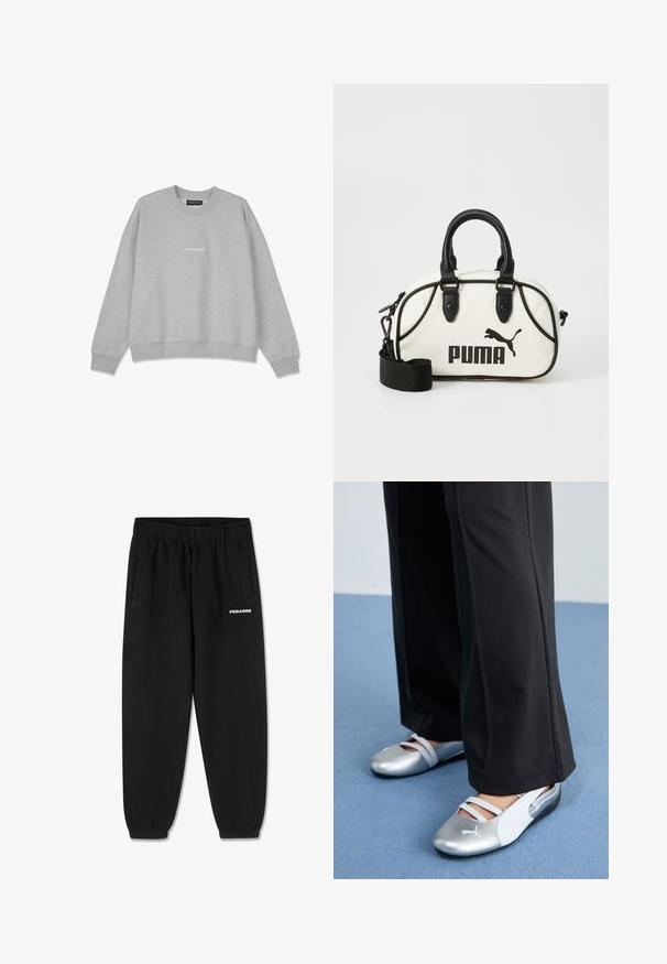 Jasnoszara bluza z bawełnianej mieszanki. Posiada okrągły dekolt i obniżone ramiona. Z przodu znajduje się drobny biały napis "PEGA.DOR".; Szara bawełniana koszulka z krótkim rękawem, z okrągłym dekoltem i małym białym logo "PEGADOR" z przodu. Gładka struktura, luźny krój.; Czarne dresy wykonane z miękkiego materiału, z elastyczną talią na sznurki, zwężanymi nogawkami i bocznymi kieszeniami. Logo „PEGADOR” w białym kolorze z przodu.; Srebrno-białe płaskie buty z krzyżującymi się paskami i fakturowanym wykończeniem, zestawione z luźnymi czarnymi spodniami. Na tle niebieskiej podłogi.; Biała torebka z czarnymi akcentami, z logo Puma. Krótkie, zaokrąglone uchwyty oraz odpinany pasek, wykonana z teksturowanego materiału syntetycznego.