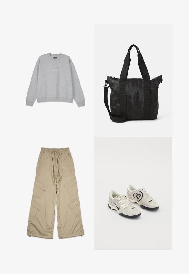 Lysegrå hettegenser laget av en bomullsblanding. Har rund halslinning og senkede skuldre. Fronten har liten hvit tekstdetalj "PEGA.DOR".; Beige cargo bukser med snor i taljen, flere sidelommer og en afslappet pasform. Lavet af letvægts, glat stof med syningsdetaljer.; Nike-sko med en beige og grå teksturert overflate, svarte detaljer, en stor "90" logo, og en hvit snøring. Svarte såler.; Svart totebag med teksturert stoff, doble topphåndtak og en avtakbar skulderrem. Har glidelås for sikker oppbevaring.